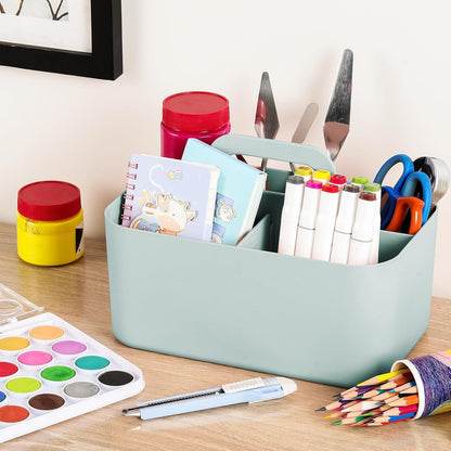 Multiuse Caddy Organizer with Handle, Portable Divided Plastic Tote Bin - Art Craft, Stationary Pen Marker Crayons, Makeup Hair Supplies Storage - Bathroom, Classroom, Dorm, Office, Desk Holder - Pink