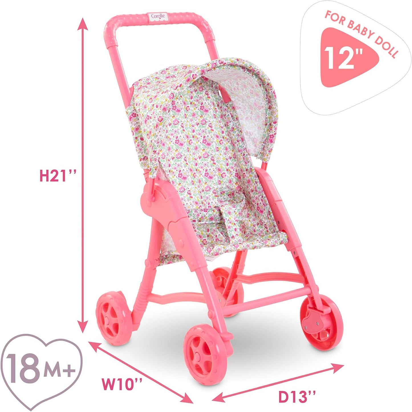 Corolle Mon Premier Poupon Foldable Baby Doll Stroller Set - Lightweight Toy Stroller for Toddlers 1-3 - Pink & White Doll Carriage for 12 Inch Dolls