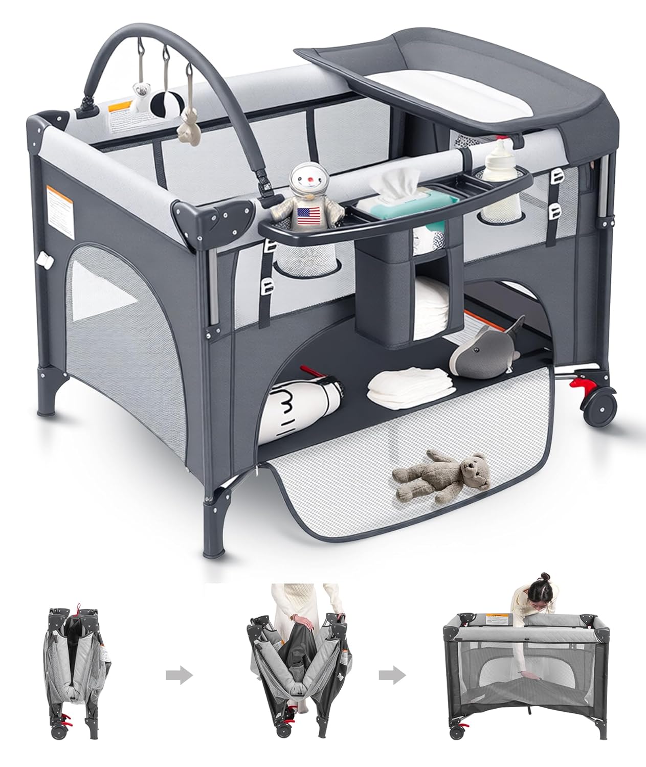 4 in 1 Baby Bassinet Bedside Crib with One-Hand Setup & Waterproof Mattress – ASTM-Certified Pack and Play, Portable Foldable Playard with Diaper Changer for Newborn to Toddler(Black)
