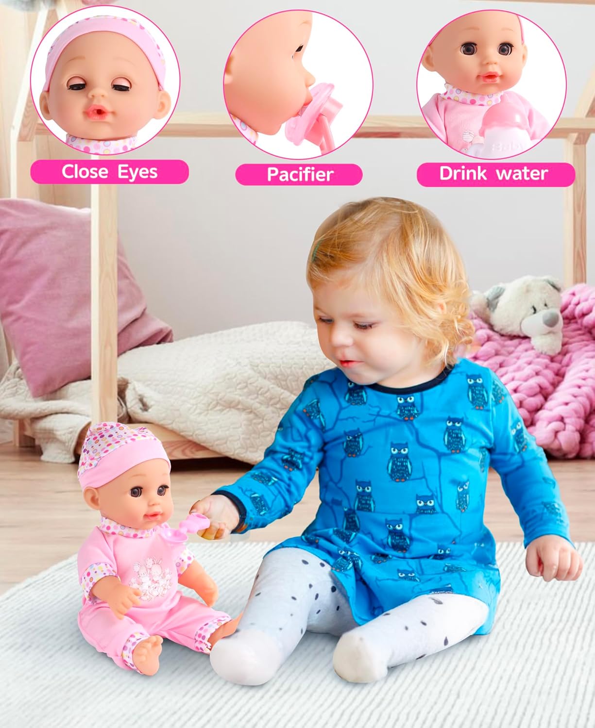 GAGAKU Baby Doll Stroller for Toddlers, Foldable Toy Stroller with Storage Basket and Bag, Diapers - Reborn Doll Accessories for Girls & Kids Ages 3+, Pink