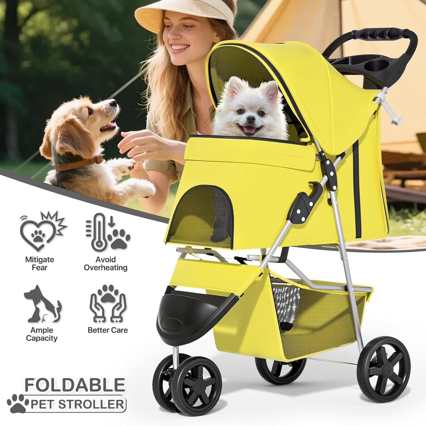 MoNiBloom Foldable Pet Stroller with Weather Cover, 3 Wheels Pet Strolling Cart for Small/Medium Dogs and Cats with Storage Basket and Cup Holder, Breathable and Visible Mesh for All-Season, Black