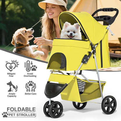 MoNiBloom Foldable Pet Stroller with Weather Cover, 3 Wheels Pet Strolling Cart for Small/Medium Dogs and Cats with Storage Basket and Cup Holder, Breathable and Visible Mesh for All-Season, Black
