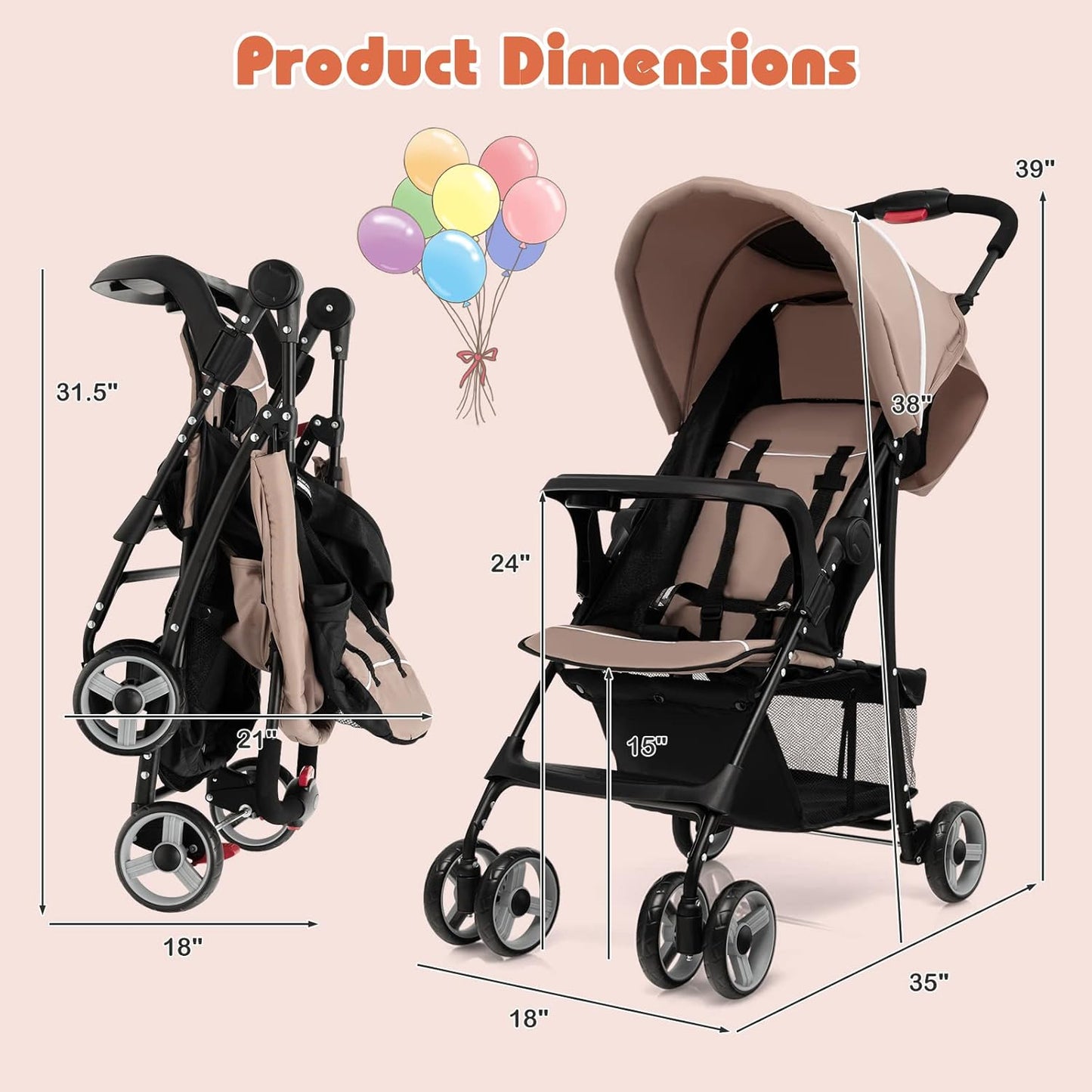 HONEY JOY Lightweight Stroller, Compact Travel Stroller for Airplane, Toddler Fold Pushchair w/Adjustable Canopy & Backrest, Storage Basket, Umbrella Stroller for Infants (Gray)