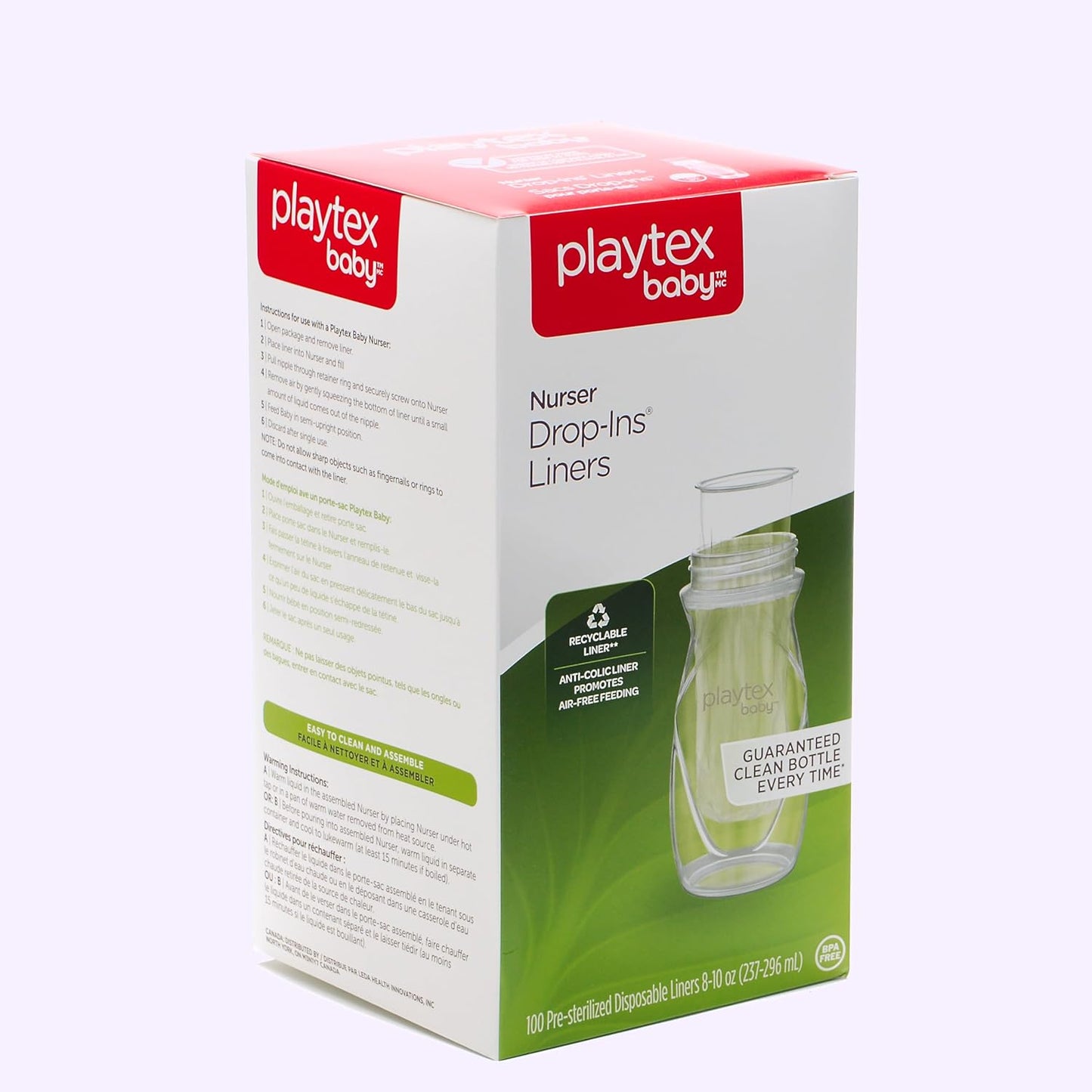 Playtex Baby Anti-Colic Nurser Bottles with Pre-Sterilized Disposable Drop-Ins Liners, 4 Oz Bottles (3 Count), Includes Slow Flow Nipples for Newborn and Breastfeeding Babies, Feeding Essentials