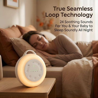 Portable White Noise Machine with Night Light & Bluetooth, 24 Seamless Sounds, 30H Rechargeable 2000mAh Battery, Sleep Sound Machine for Baby & Adults, Travel, Nursery & Home