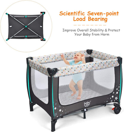 HONEY JOY Pack and Play, Foldable Baby Playard with Bassinet, Lightweight Installation-Free Travel Baby Crib from Newborn to Toddlers, Portable Nursery Center w/Lockable Wheels & Carry Bag(Gray)