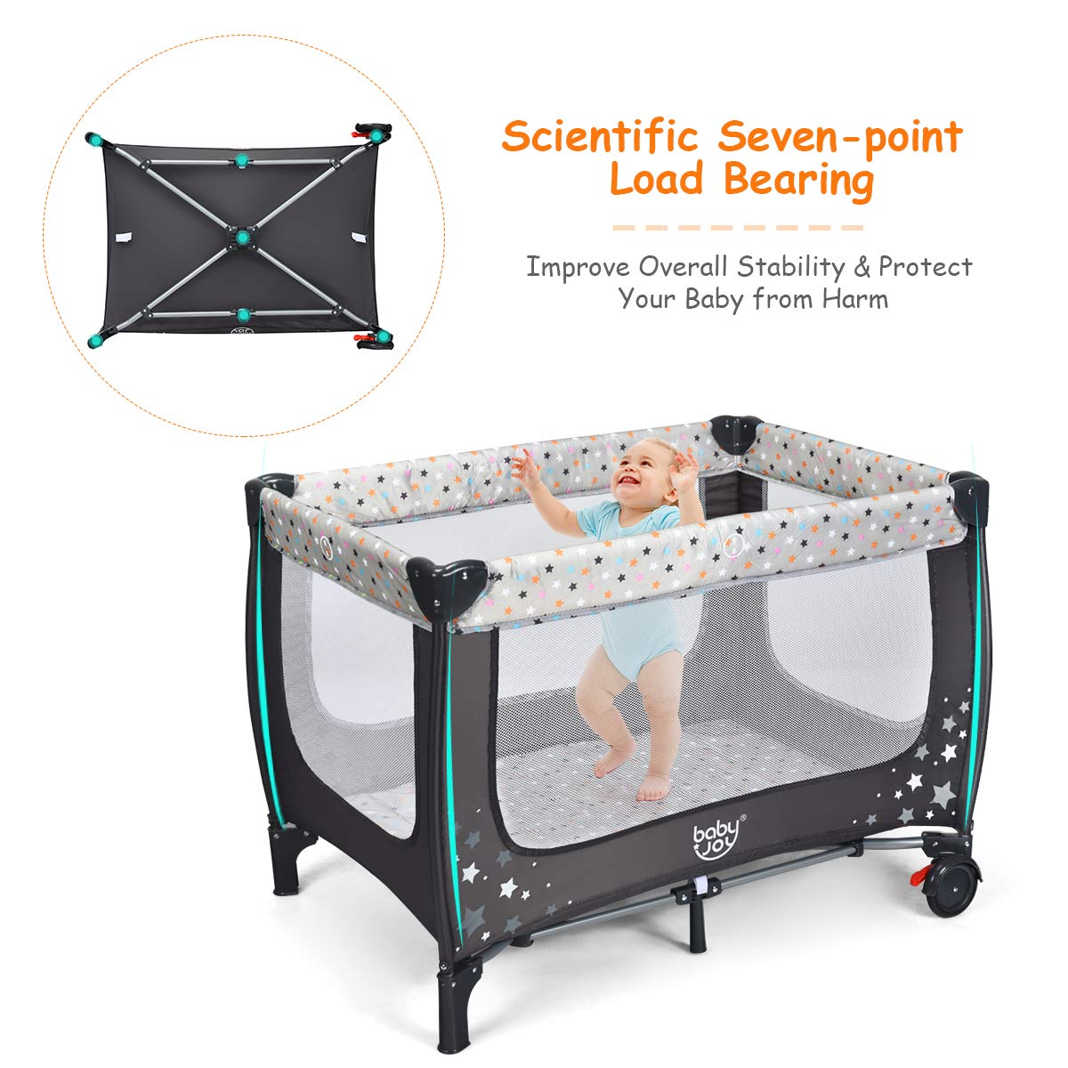 BABY JOY 3 in 1 Pack and Play, Portable Baby Playard with Bassinet, Changing Table, Lockable Wheels, Glowing Music Box, Travel Baby Crib Bassinet Bed from Newborn to Toddler