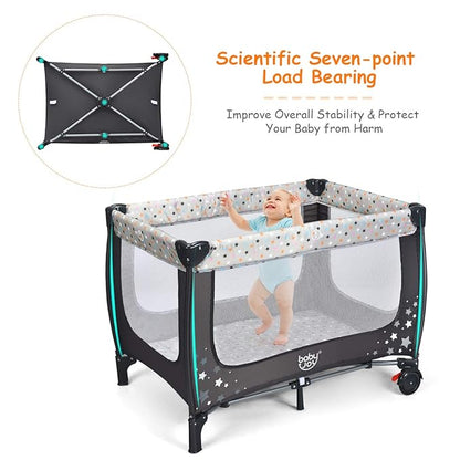 BABY JOY Pack and Play with Bassinet, Portable Playard for Baby, Double Layer Foldable Baby Playpen with Mattress, Lightweight Travel Crib with Bassinet & Carry Bag from Newborn to Toddlers