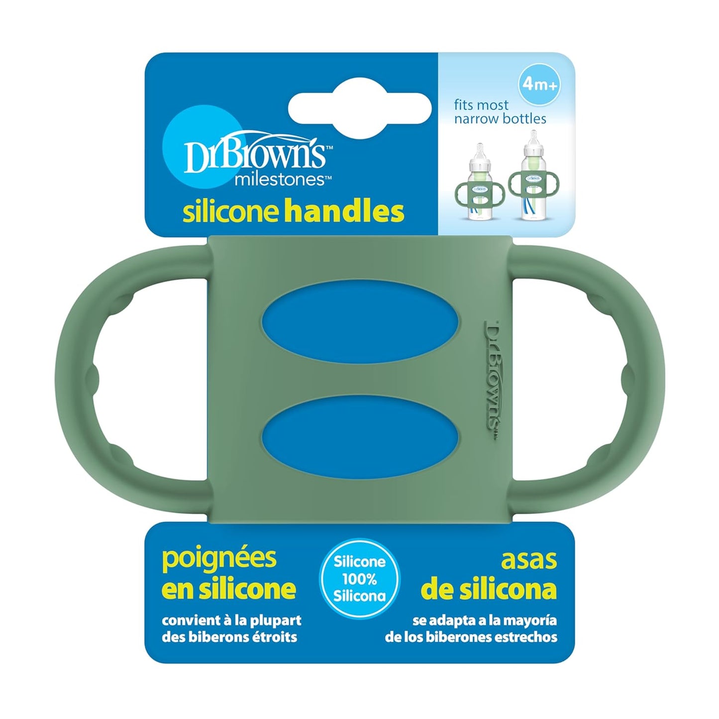 Dr. Brown's Narrow Baby Bottle Handles, 100% Silicone, Easy Grip Removable Handles for Bottle to Sippy Cup Transition, Blue, 4m+