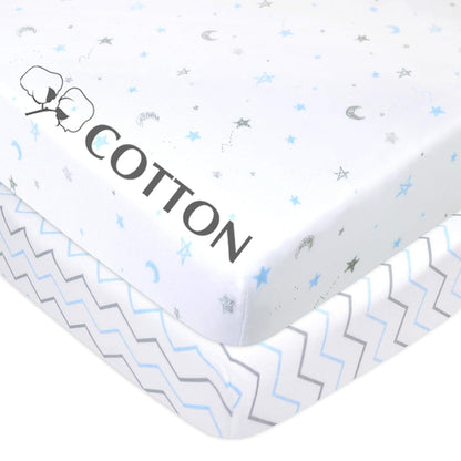 American Baby Company 2 Pack 100% Natural Cotton Fitted Pack and Play Sheets 39" x 27" - Soft & Breathable Pack N Play Sheets for Playard & Mini Crib Mattress, Pink Stars/Zigzag, for Boys & Girls