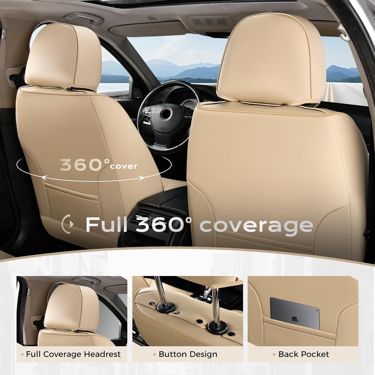 Coverado Leather Seat Covers for Car, Waterproof Car Seat Covers Full Set, 2 in 1 Conversions Car Seat Cover Protector Car Accessories Universal Fit for Most Cars SUVs and Trucks Beige