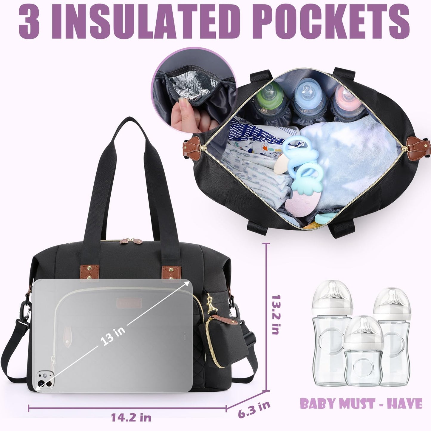 Tuwubi Diaper Bag Tote,Baby Diaper Bag with Pacifier Case Large Travel Diaper Tote Caddy for Mom and Dad Multifunction Large Baby Bag - M-Pink