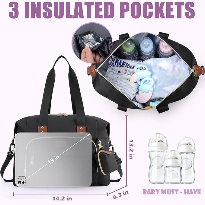 Tuwubi Diaper Bag Tote,Baby Diaper Bag with Pacifier Case Large Travel Diaper Tote Caddy for Mom and Dad Multifunction Large Baby Bag - M-Black
