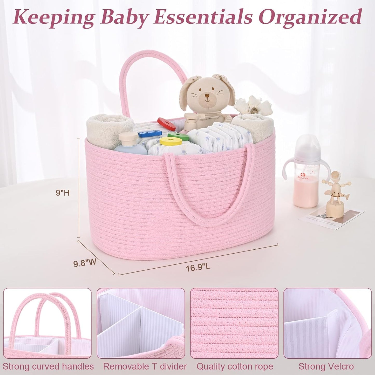 19L Baby Diaper Caddy Organizer, 16.8"x9.8"x9" Cotton Rope Diaper Basket, Changing Table Storage Caddy With Removable Divider, Baby Basket for Nursery, Car, Diapers, Baby Shower Gifts for Newborn