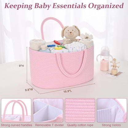 19L Baby Diaper Caddy Organizer, 16.8"x9.8"x9" Cotton Rope Diaper Basket, Changing Table Storage Caddy With Removable Divider, Baby Basket for Nursery, Car, Diapers, Baby Shower Gifts for Newborn