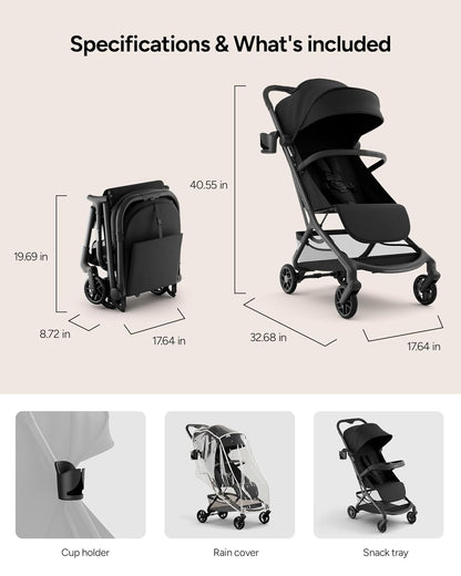 Neo Lightweight Travel Stroller with Snack Tray, Airplane-Friendly Compact Baby Stroller, One-Hand Fold Portable Stroller for Toddler 0-55lbs, Adjustable Recline Seat, UPF 50+ Canopy,Rain Cover