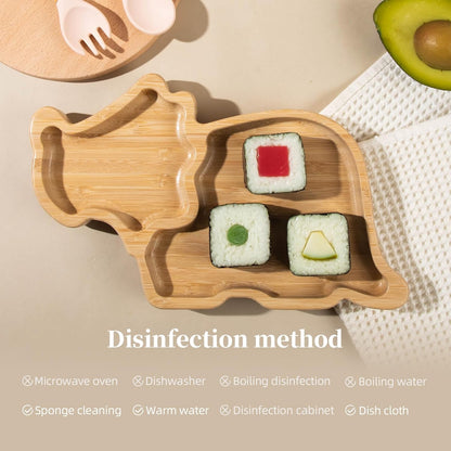 HBM Bamboo Baby Plate Set with Suction - Dinosaur Divided Toddler Dishes with Matching Fork & Spoon | Natural Wood Stay-Put Feeding Set for Infants & Kids (Marble Texture Not Stains)
