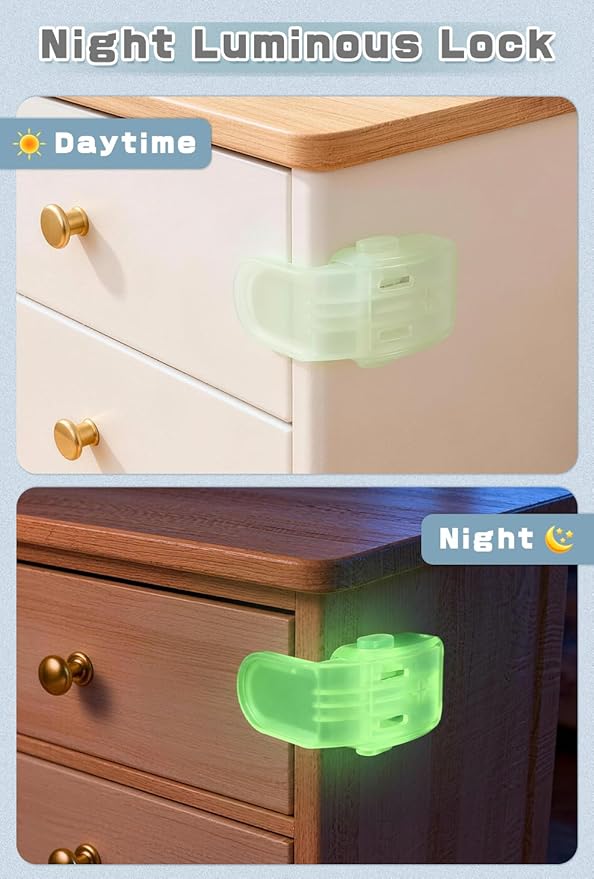 Maveek Baby Proof Drawer Lock Glow In The Dark, 4 Pack Luminous Cabinet Button Locks For Kitchen Cupboard, RV, Furnitures, Easy To Find At Night, Fluorescent Green