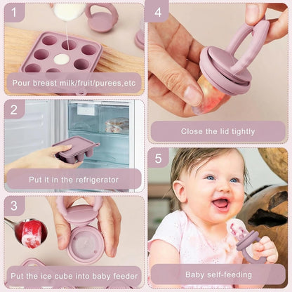 Baby Fruit Food Feeder Breastmilk Popsicle Molds, Silicone Food Freezer Tray for Cooling Teething Relief, Baby Food Feeder for Safe Infant Self Feeding, Includes 3 Extra Food Pacifier