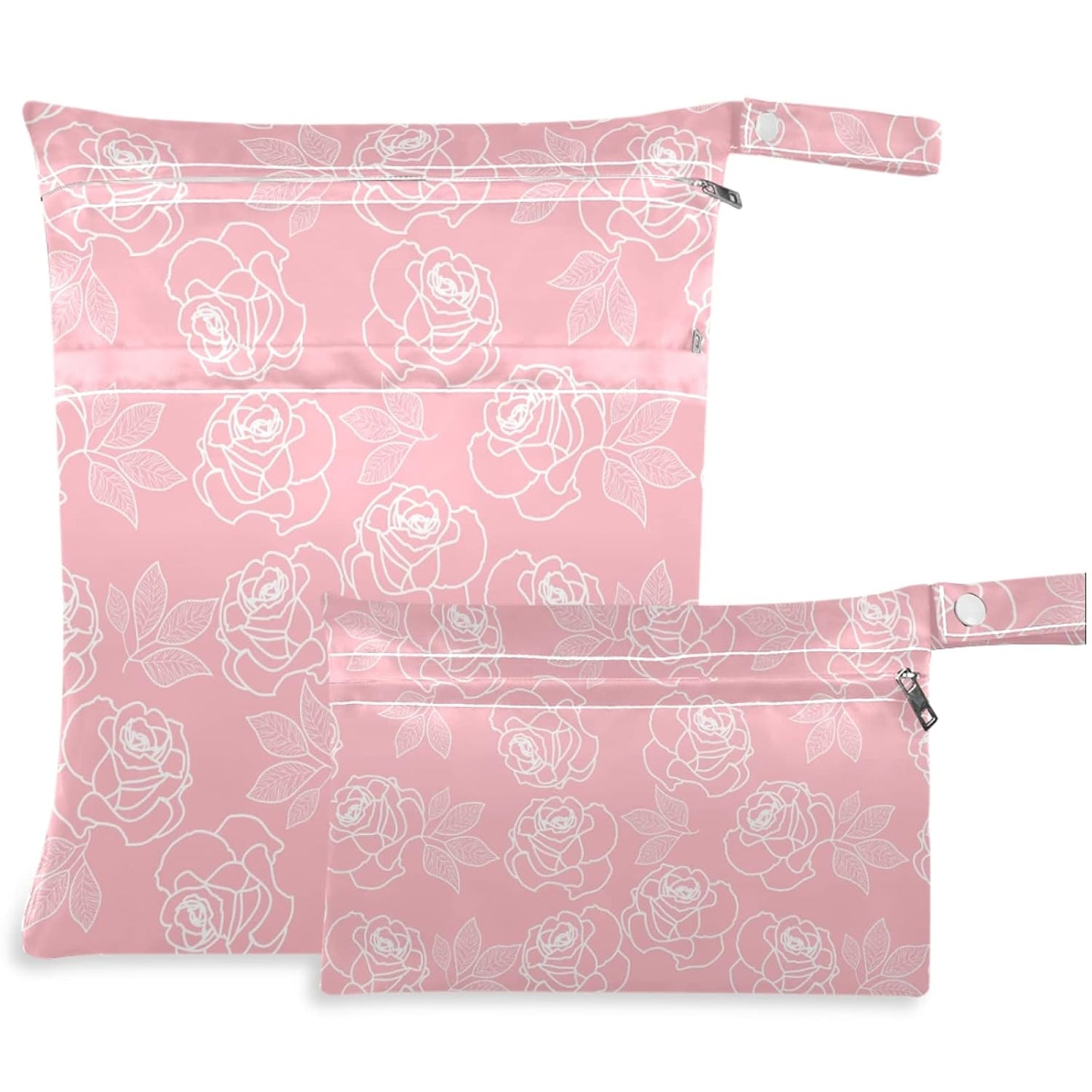 visesunny Contour Lines White Abstract Flower Pink Pattern 2Pcs Wet Bag with Zippered Pockets Washable Reusable Roomy for Travel,Beach,Pool,Daycare,Stroller,Diapers,Dirty Gym Clothes, Wet Swimsuits, T