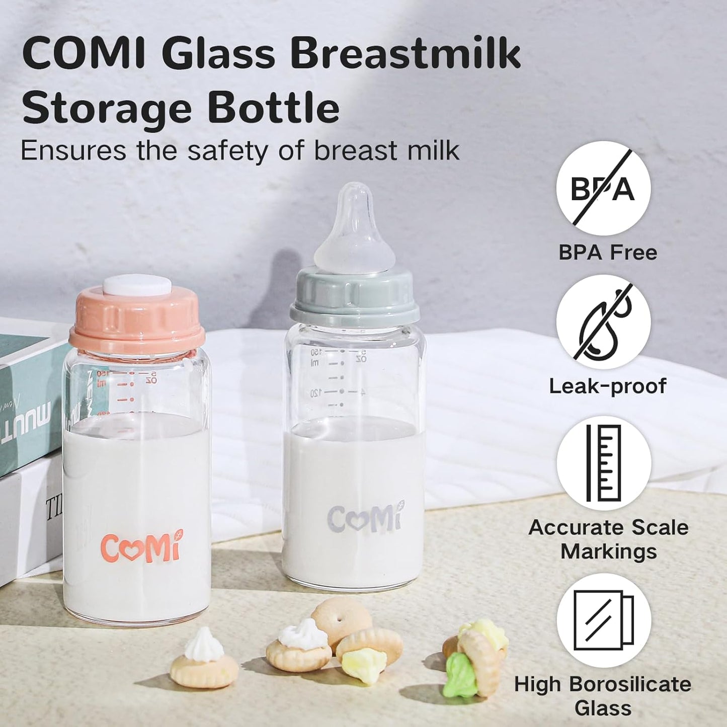 COMI Natural Glass Baby Bottle,Breastmilk Storage Bottle for Fridge,Breast Milk Container,Breast Pump Bottle Compatible with Medela Breast Pump,BPA Free,2PCS (5oz,2 Gray Lids)