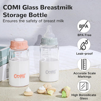 COMI Natural Glass Baby Bottle,Breastmilk Storage Bottle for Fridge,Breast Milk Container,Breast Pump Bottle Compatible with Medela Breast Pump,BPA Free,2PCS (5oz,2 Gray Lids)