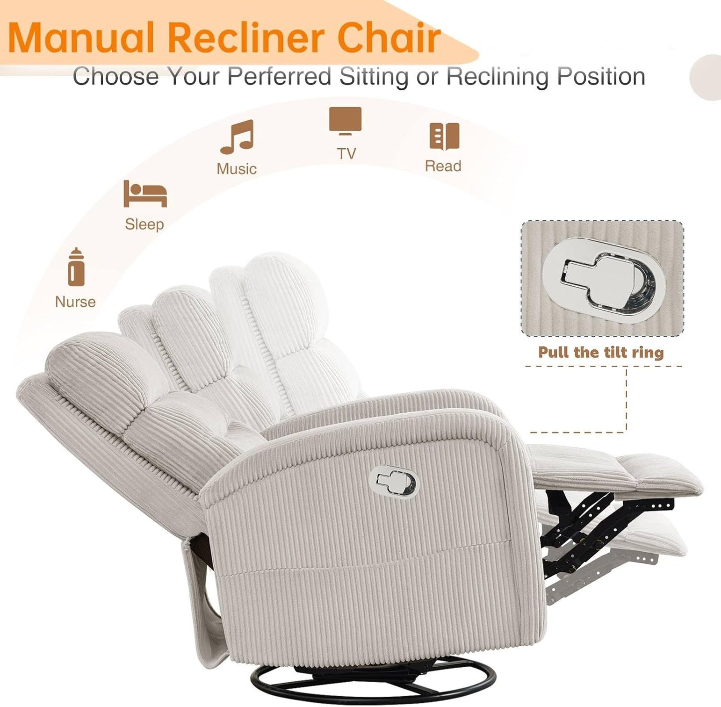 Power Swivel Rocker Recliner Chair for Nursery, Swivel Reclining Rocking Chairs, Electric Glider for Living Room, Upholstered Recliner Chairs for Bedroom, Corduroy White