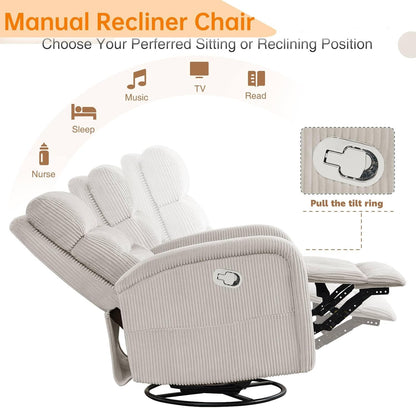 Power Swivel Rocker Recliner Chair for Nursery, Swivel Reclining Rocking Chairs, Electric Glider for Living Room, Upholstered Recliner Chairs for Bedroom, Corduroy White