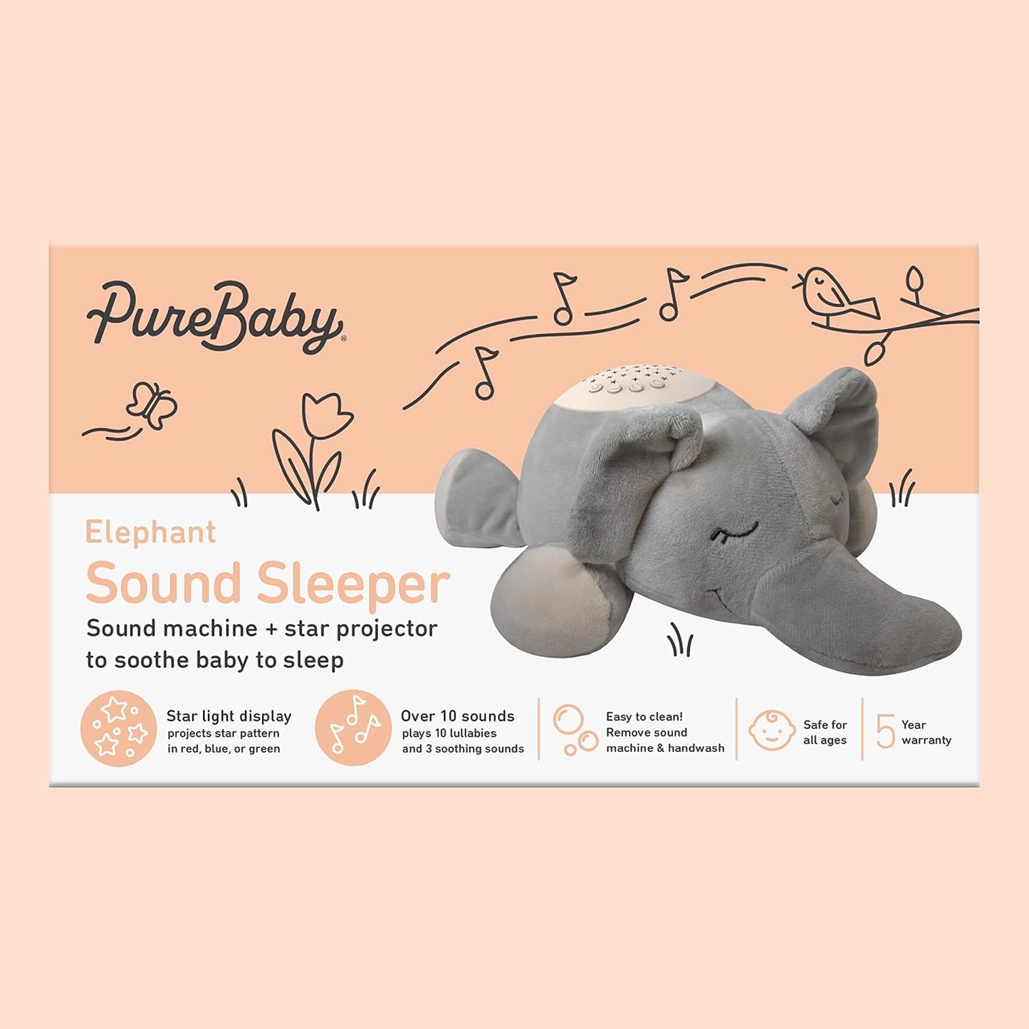 PureBaby Sound Sleepers Portable Sound Machine & Star Projector - Plush Sleep Aid for Baby and Toddlers with Soothing Night Light Display, 10 Lullabies, White Noise, and Heartbeat Sounds (Polar Bear)
