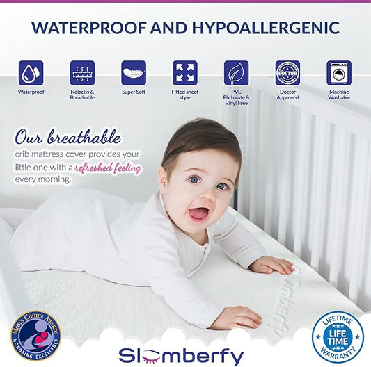 Bamboo Crib Mattress Protector by Slumberfy, Waterproof and Hypoallergenic Mattress Protector for Babies and Toddlers, Made of Bamboo Material, Mom's Choice Award Winner-29x52x6 inches
