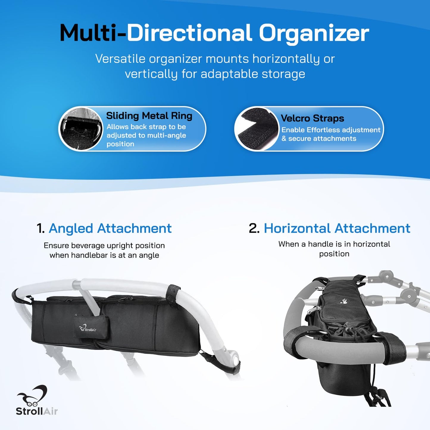 StrollAir - Universal Best Double Parent Stroller Organizer Caddy Insulated Cup Holder Console side-by-side Mountain Buggy TWIN WAY Bob Duallie Baby Jogger City Mini GT – Black