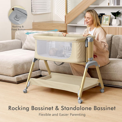 TotRun Bassinet Bedside Sleeper, Rocking Bassinets with Comfy Mattress and Wheels for Newborn, 5-Height Adjustable (Black)