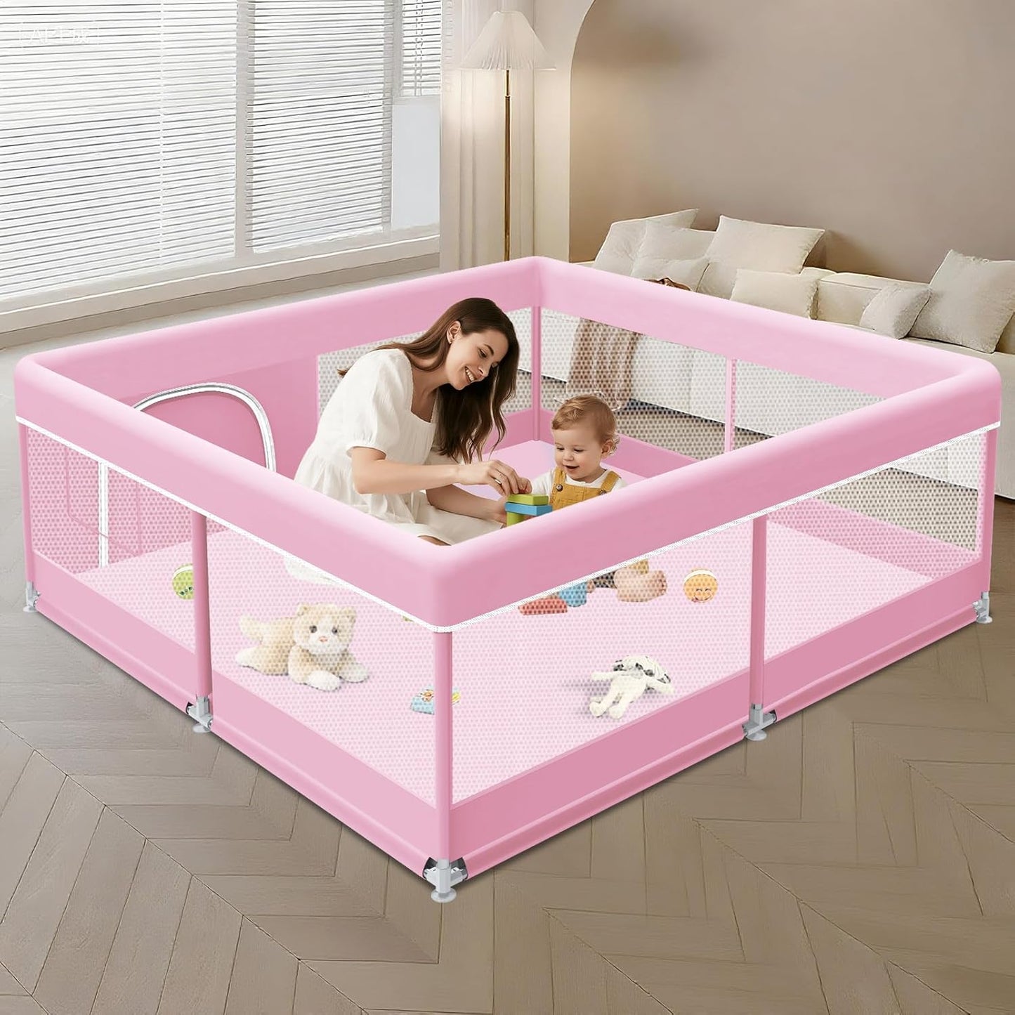 XVISHX Baby Playpen 50 x 50 Inch Play Pen Playards, Playpen for Babies and Toddlers, Baby Playard for Indoor & Outdoor Active Center Game Fence, with Skin-Friendly Fabric and Soft Breathable Mesh Grey
