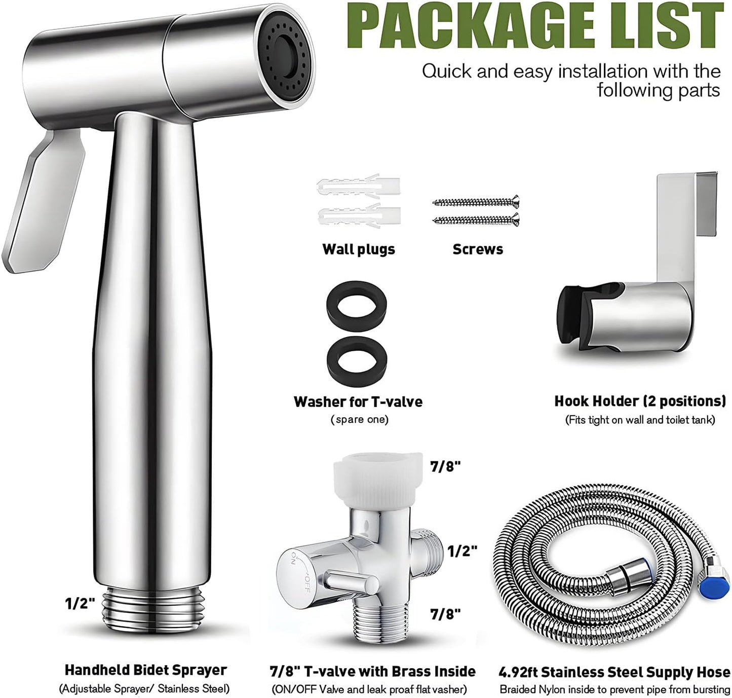 Handheld Bidet Sprayer for Toilet, Stainless Steel Bathroom Personal Hygiene Bidet Sprayer Set, Baby Cloth Diaper Sprayer with Adjustable Water Pressure Control, Perfect for Whole Family Cleaning Use