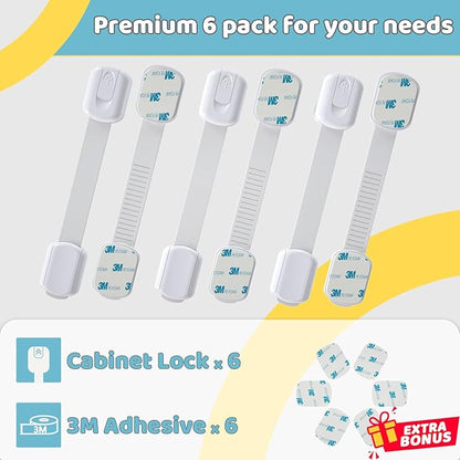 4our Kiddies Child Safety Cabinet Locks for Babies (6 Pack), Child Proof Latches for Cabinets and Drawers Doors, Baby Proofing Cabinet Strap Locks for Cupboard and Closet with 6 Pcs Extra 3M Adhesives