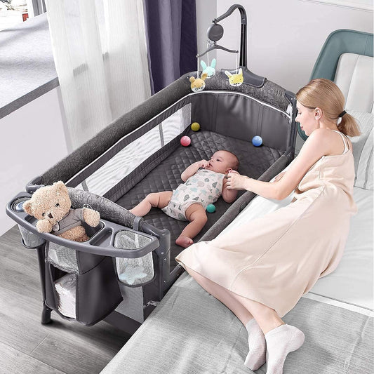 ADOVEL Baby Bassinet Bedside Crib, Pack and Play with Mattress, Diaper Changer and Playards from Newborn to Toddles, Pink