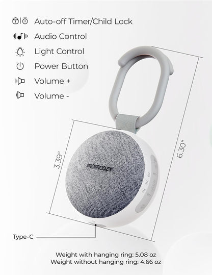 Momcozy Portable Sound Machine with Night Light, White Noise Sound Machine for Baby, 20 Soothing Sounds, Sound Therapy, Long-Lasting Power, Timer, Clips on Stroller, Baby Shower Gifts