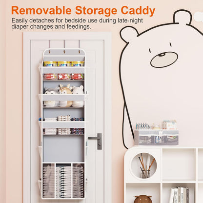 OneDream Over the Door Organizer for Nursery, 5-Tier Baby Clothes Organizer with Removable Storage Caddy, Hanging Behind Door Storage with Clear Pockets and Side Mesh Compartments, Grey