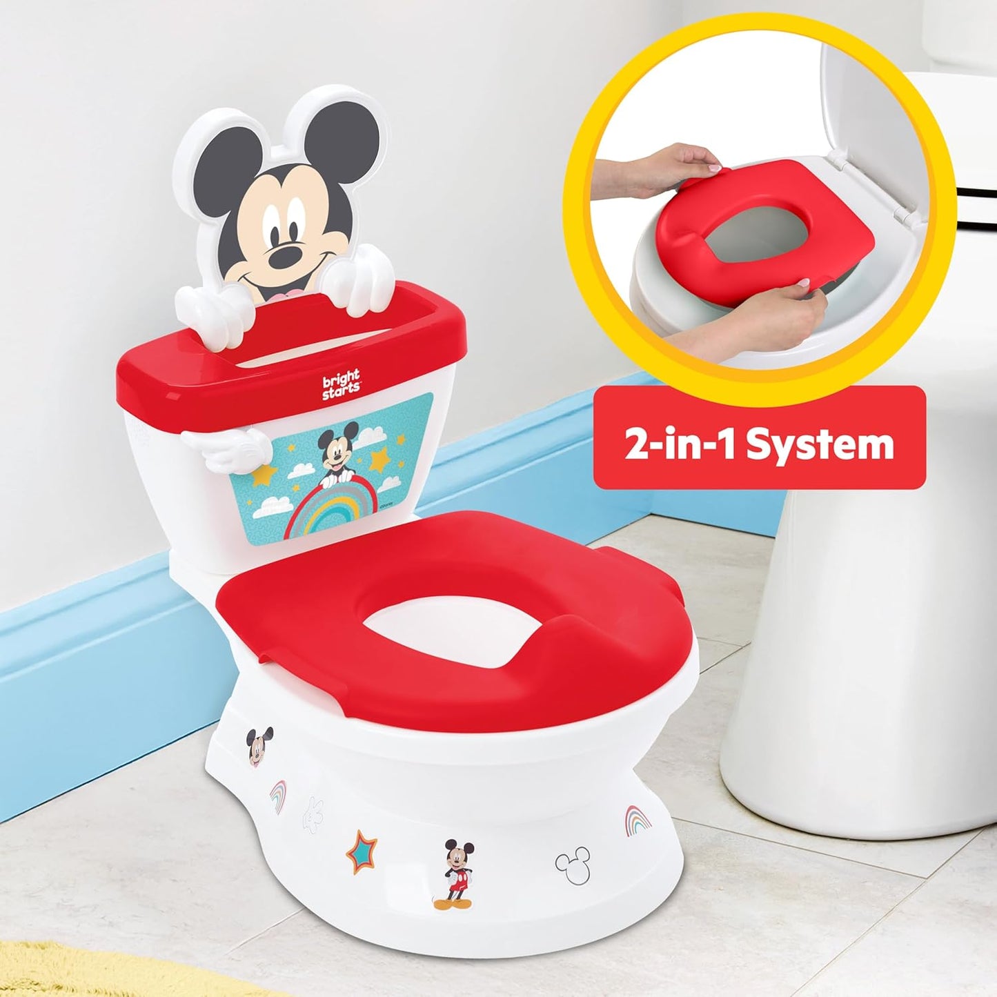 Bright Starts Disney Junior Minnie Mouse My Size Potty Training Toilet, Toddler Potty Chair with Flushing & Cheering Sounds, Removable Seat with Splash Guard & Handles, Ages 18+ Months, Up to 50 lbs