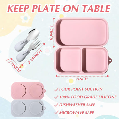 Uiifan 2 Pack Baby Suction Plate Set Silicone Suction Plate with Lid Divided Bowls for Portable Toddler Utensils Compact for Self Feeding Baby Travel Essential(Blue, Sage Green)