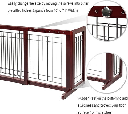 Bonnlo Free Standing Dog Gate, 37" - 68" Wide Pet Gate for Fireplace Stairs Doorways, Wooden Adjustable Pet Fence Indoor, Christmas Tree Gate (Cherry)