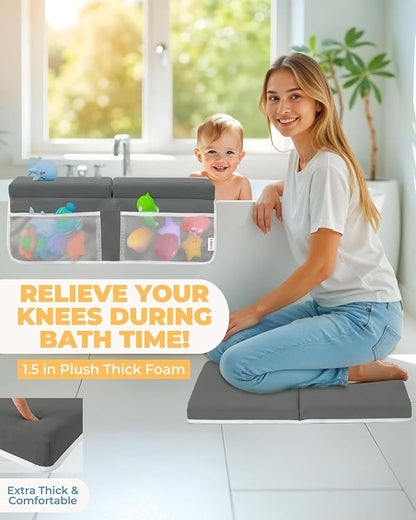Comfortable Baby Bath Kneeler and Elbow Rest Pad Set – Thick Memory Foam Bath Kneeling Pad with Elbow Support – Baby Bathtub Cushion with Toy Organizer for Bathing Infant or Toddler - Dark Grey