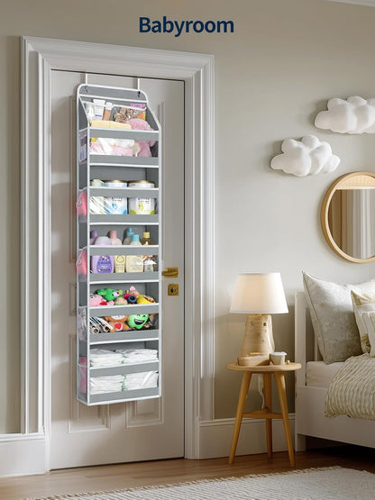 Yecaye 5 Tier 1Pc Over the Door Organizer, Stuffed Animal Storage with Clear PVC Windows, Door Organizer Hanging for Bedroom Nursery Closet Dorm Room Laundry Pantry Bathroom, Grey