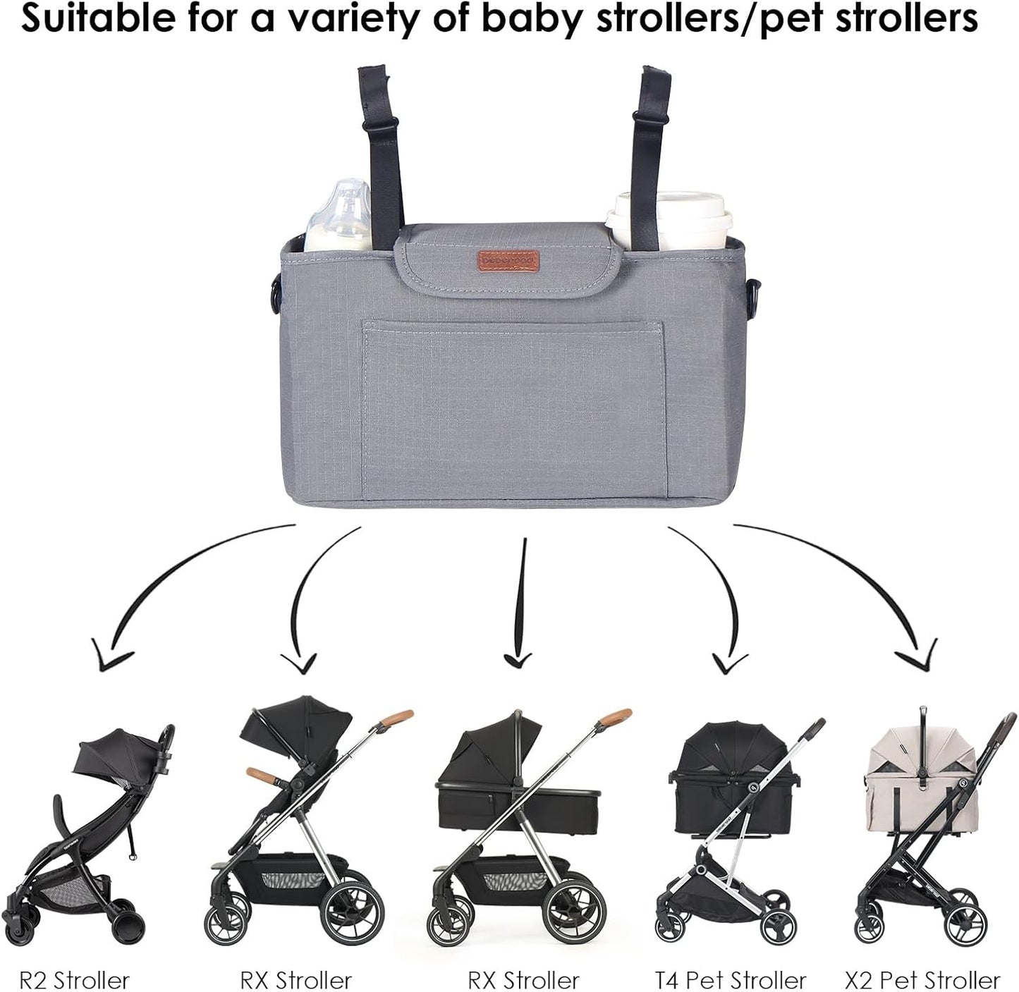Beberoad Love Stroller Organizer with Cup Holder, Stroller Hanging Bag with Shoulder Strap, Waterproof & Durable Stroller Caddy for Baby Wipes, Bottles, Essentials, Fits Most Strollers (Grey)