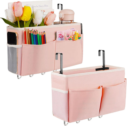 Bedside Storage Organizer 5 Pockets with 4 Hooks Hanging Storage Bag for Headboards/Bunk Bed (Pink)