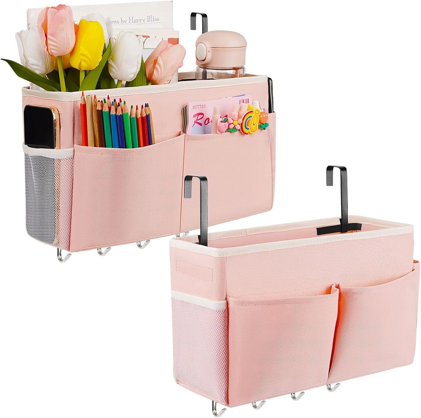 Bedside Storage Organizer 5 Pockets with 4 Hooks Hanging Storage Bag for Headboards/Bunk Bed (Pink)