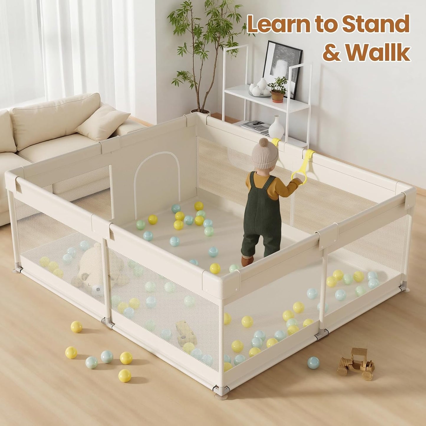 Uanlauo Beige Small Baby Playpen - 47x47in Playpen for Babies and Toddlers, Safe Indoor Play Pen, Baby Pen with Storage Bag and Breathable Mesh