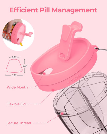 AMOOS Cute Pill Dispenser with 7 Compartments, Pill Bottle Organizer with Anti-Mix Design, Portable Pill Organizer for Travel with Wide Mouth for Easy Access, BPA-Free Patented Pill Container, Pink