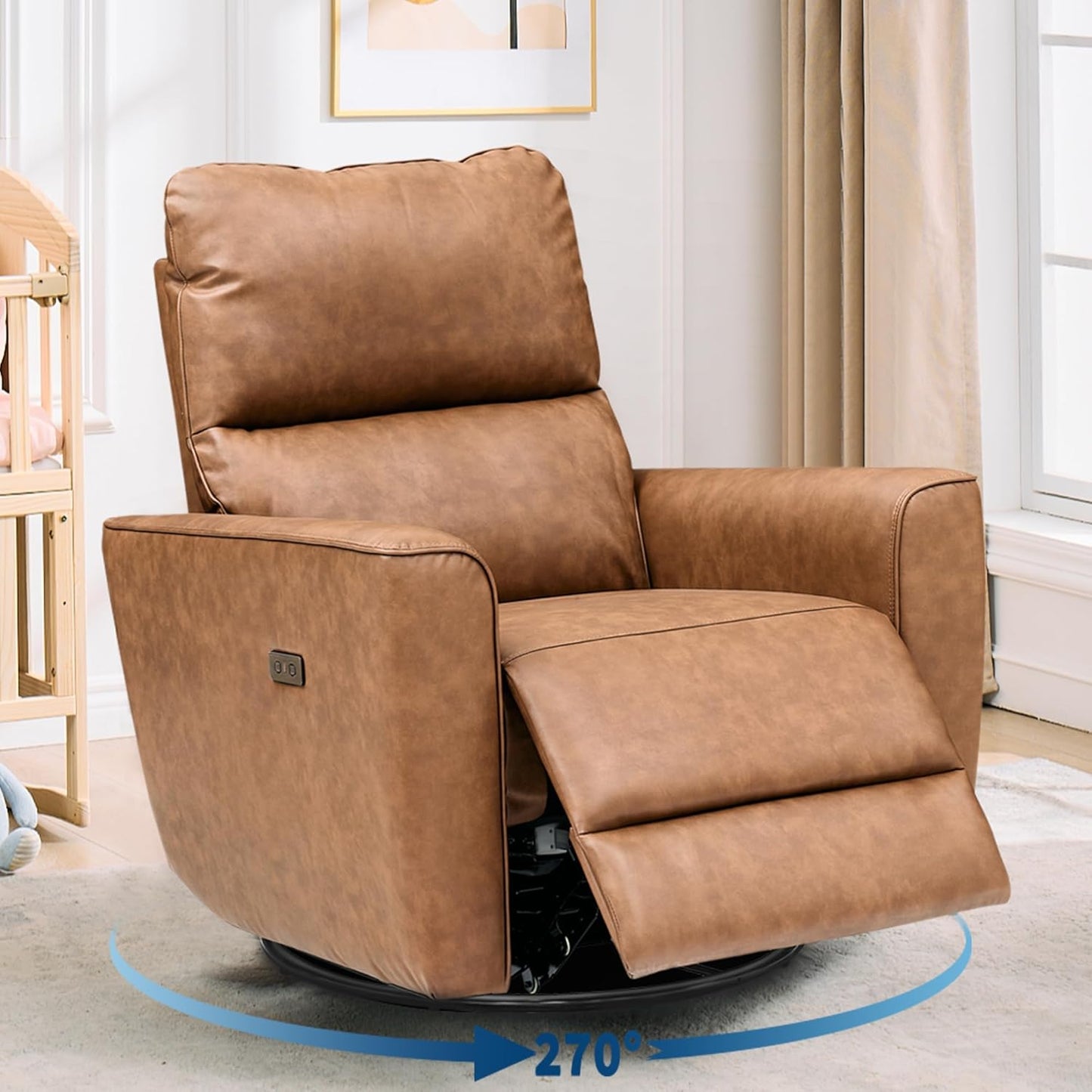 GarveeHome Power Recliner Chair, 270° Swivel Rocking Glider with USB Charging Port, Chenille Upholstered Fabric, Ergonomic Modern Nursery Chair for Living Room, Bedroom, Nursery (Beige)