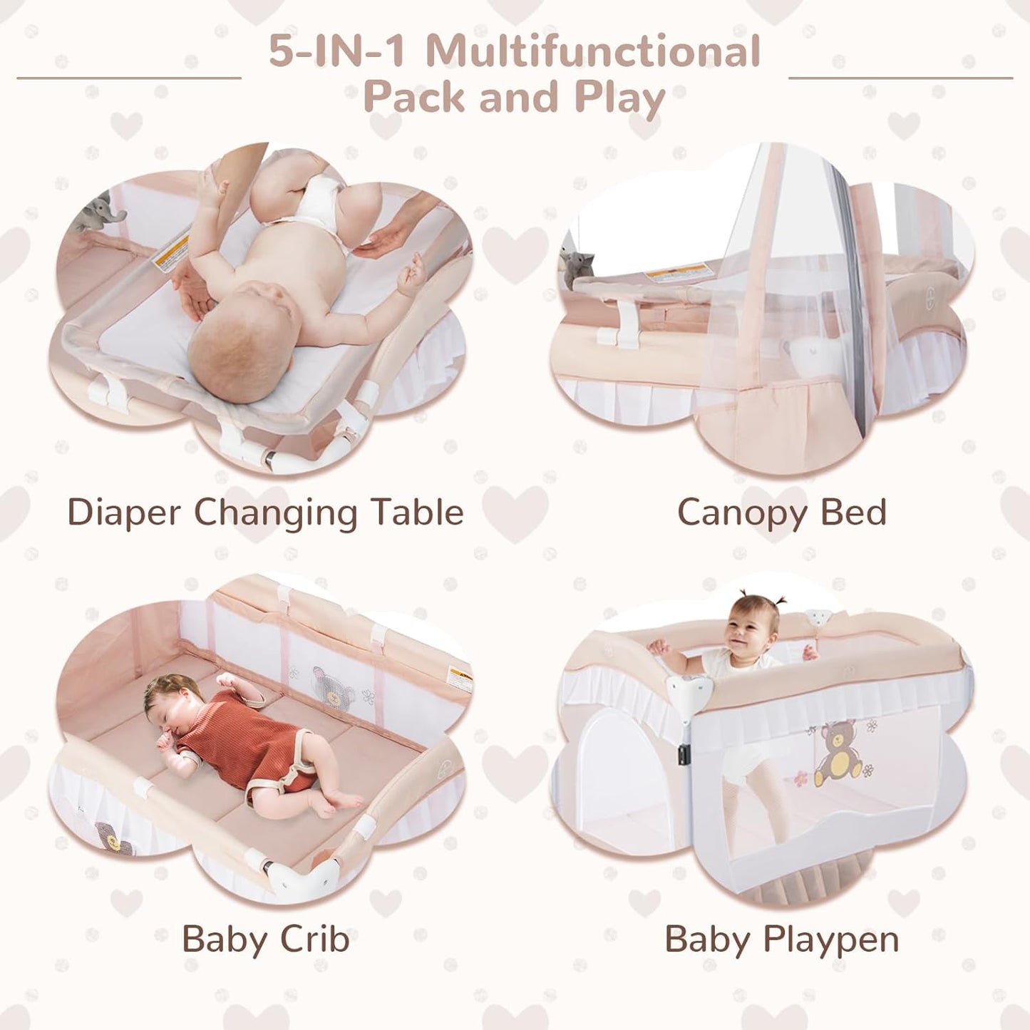 HONEY JOY 4-in-1 Pack and Play with Canopy, Portable Baby Playard w/Changing Table and Infant Bassinet, Cute Toys & Music, Foldable Bassinet for Newborn and Toddler (Hot Pink)